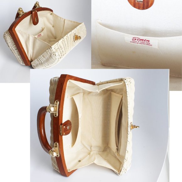 Simon Mr. Ernest White Wicker Bag with Brown Wood Trim Purse 60s Retro - Picture 10 of 10